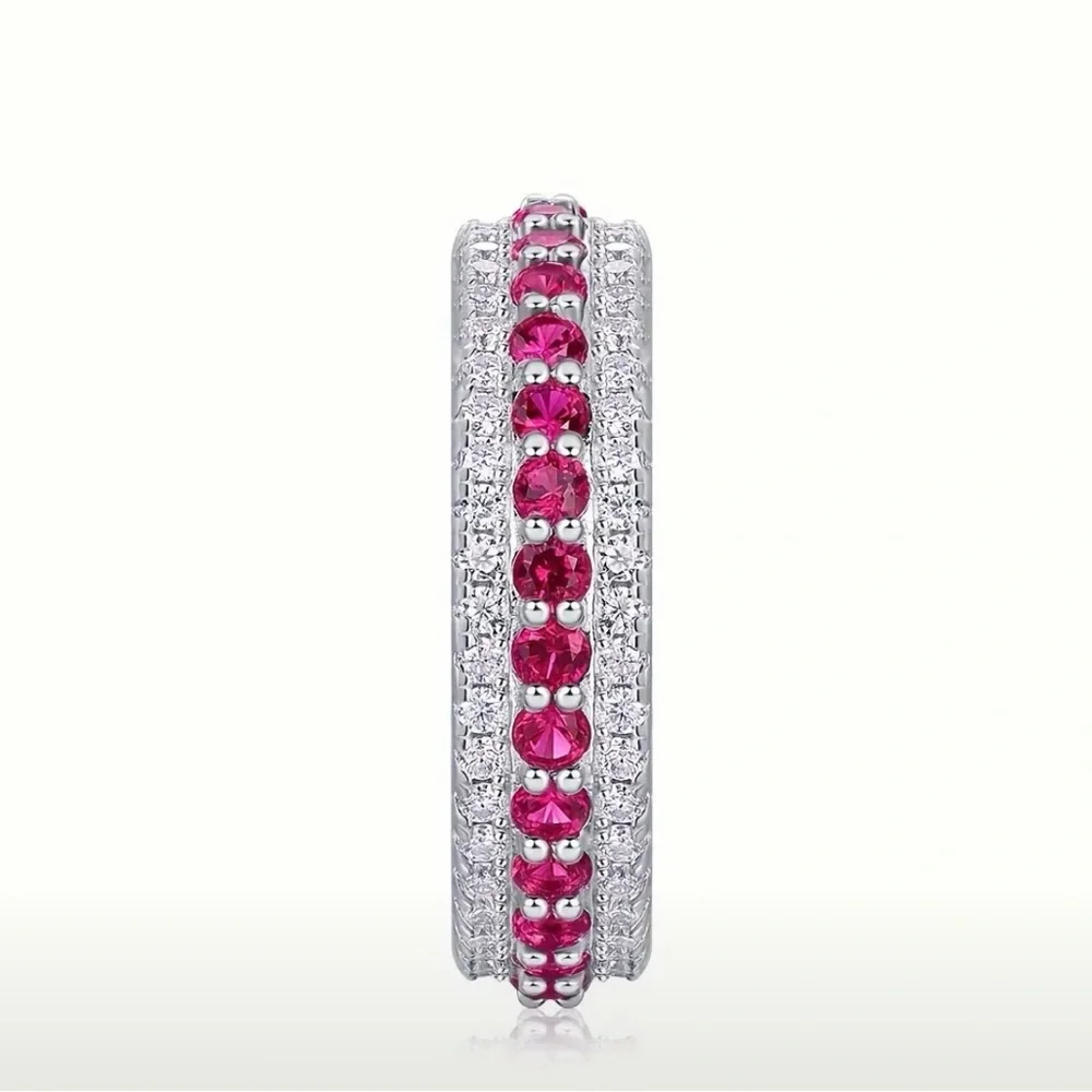 NWT Certified S925 Silver 3-Row Moissanite Ruby Inlaid Full Ring